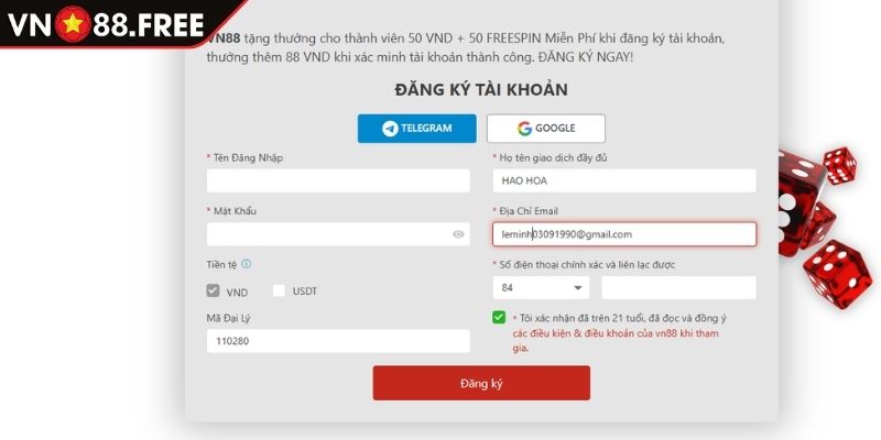 Đăng ký VN88 3 Nhập thông tin cá nhân