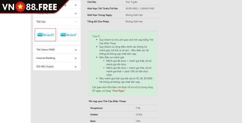 Nạp Tiền VN88 2 Phương thức thẻ card điện thoại